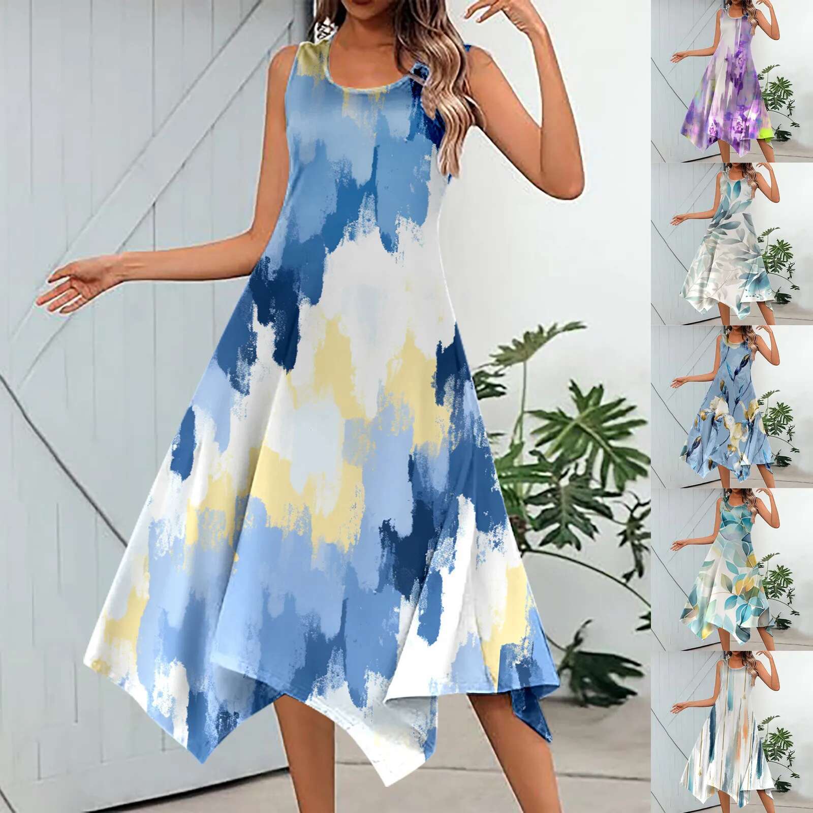 Dongdumaoyi New Summer Dress Women Sleeveless Hankerchief Hem Retro Flower Print Midi Tank Casual Vacation With Pockets