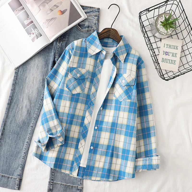 Cotton flannel plain weave womens shirt autumn item womens casual slim fit long sleeved shirt and top womens checkered clothing 250418