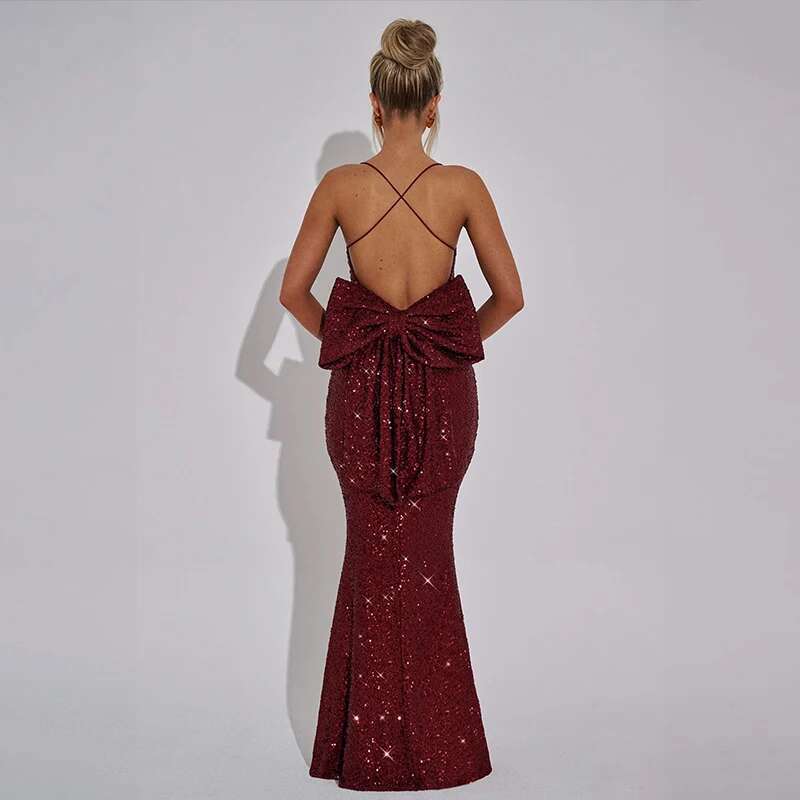 Dongdumaoyi Townlike Bow Sequin Nightclub Sexy Party Dress Women Spaghetti Strap Spring Summer Slim Bodycon Maxi Long Dresses