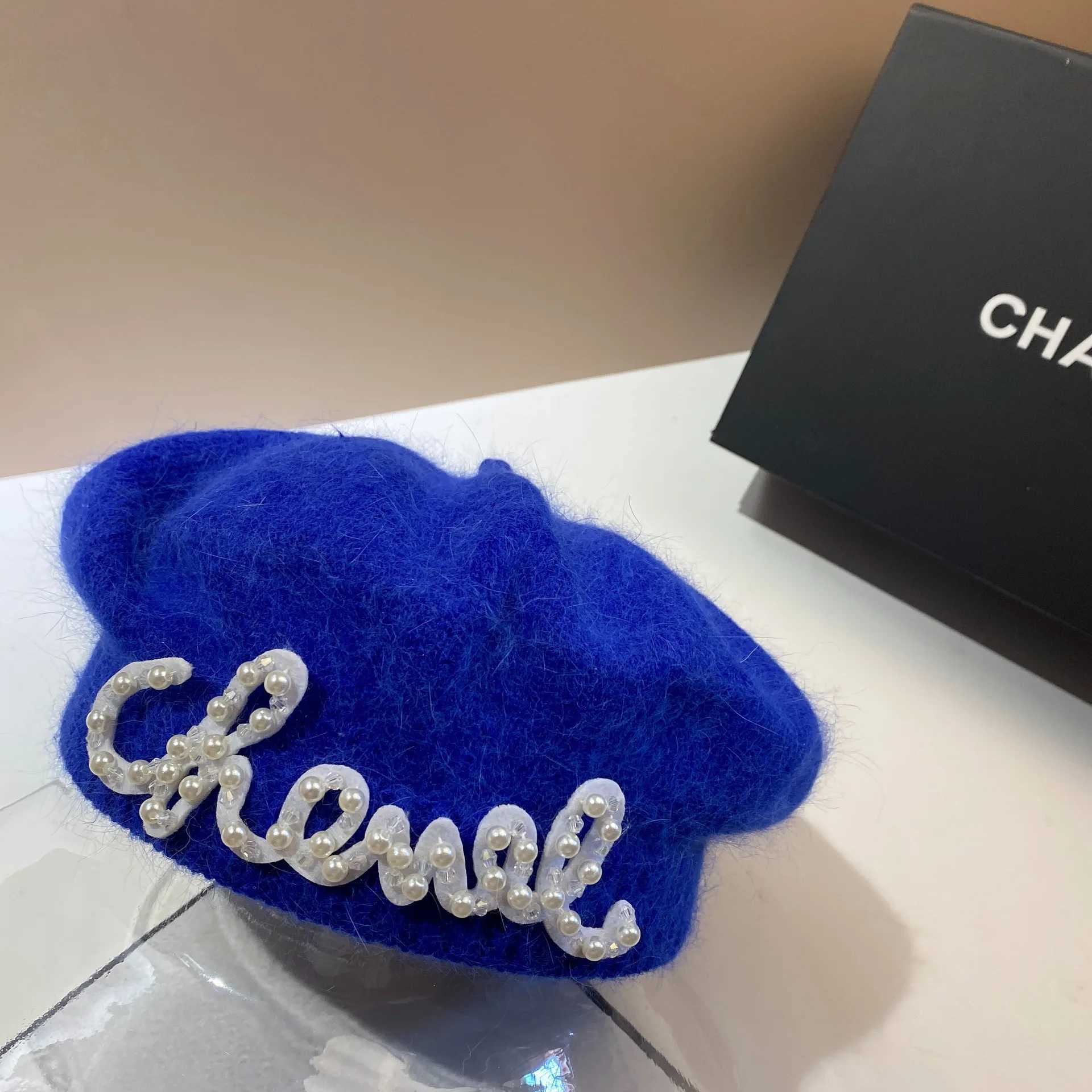 Pearl-Lettered Rabbit Fur Beanie Fall/Winter New Style Warm Fuzzy Knit Painters Beret With Trendy Octagonal Design J251125