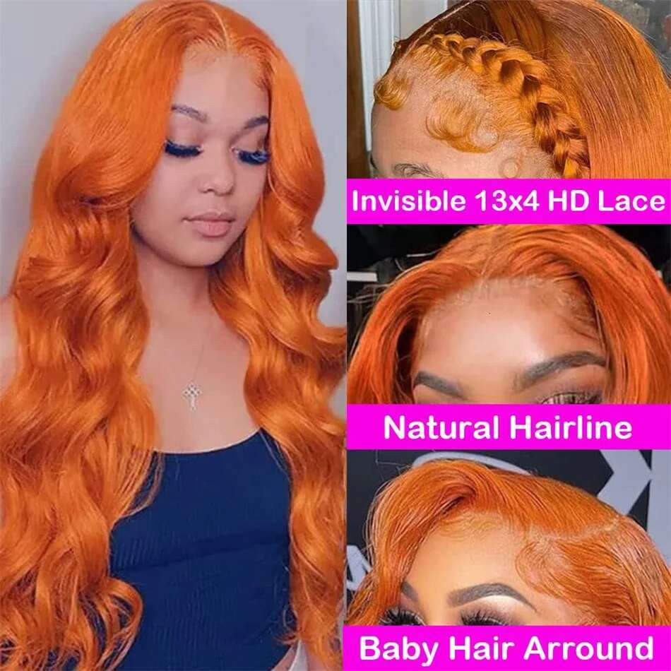 HD 13X6 Orange Ginger Front 100% 13X4 Body Wave Lace Frontal Pre Plucked Colored Human Hair Wig On Sale