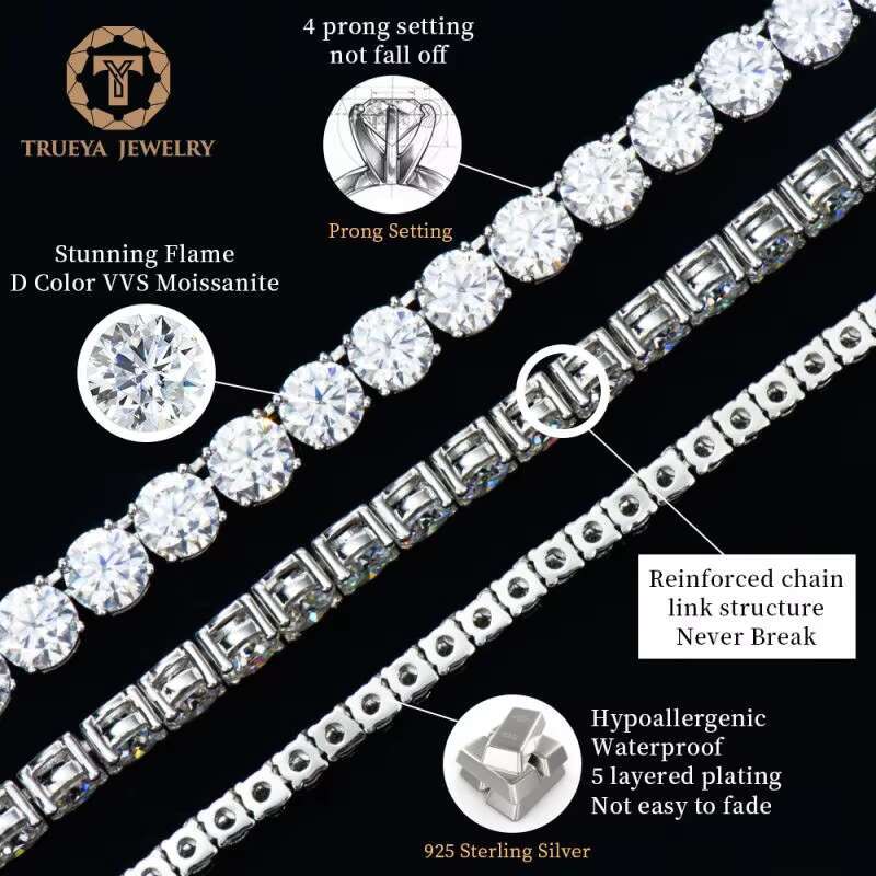 Fine Jewelry 2-6mm Hip Hop Men 925 Sterling Silver Ice Out Vvs Mossanite Moissanite Diamond Tennis Necklace Chain for Women Men
