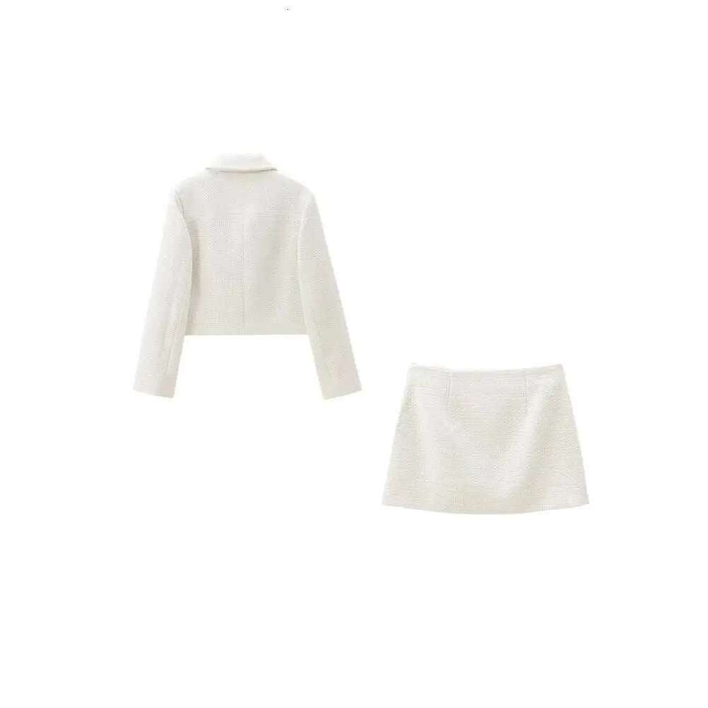 TRZA Women Fashion With Pockets Tweed Jacket Coat And High Waist Side Zipper Mini Skirt Female Two Piece Sets Mujer