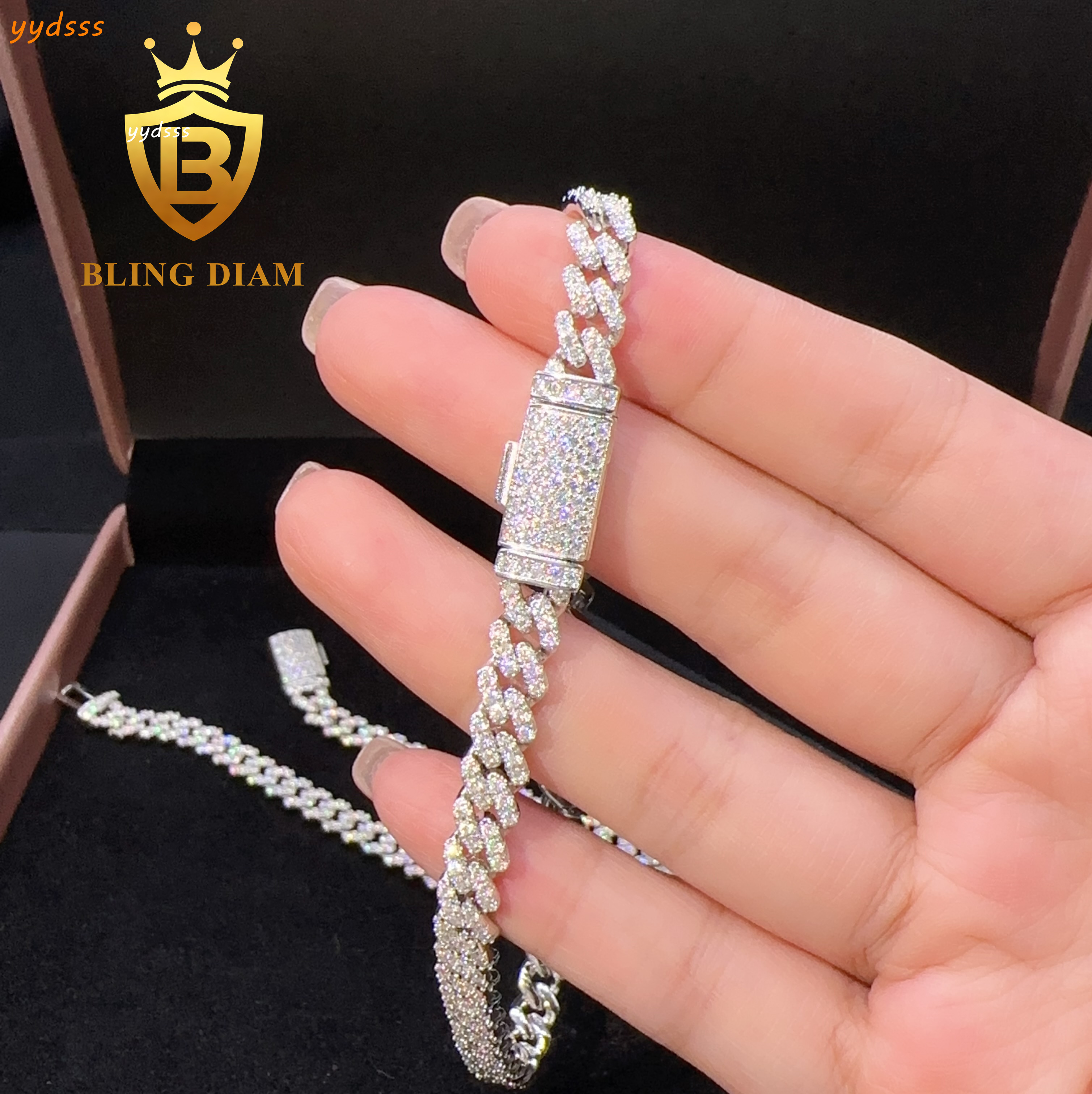 Fashion Hip Pop Jewelry 6mm Width Silver Plated Iced Out Cubic Moissaniteia Brass Cuban Link Chain Bracelet