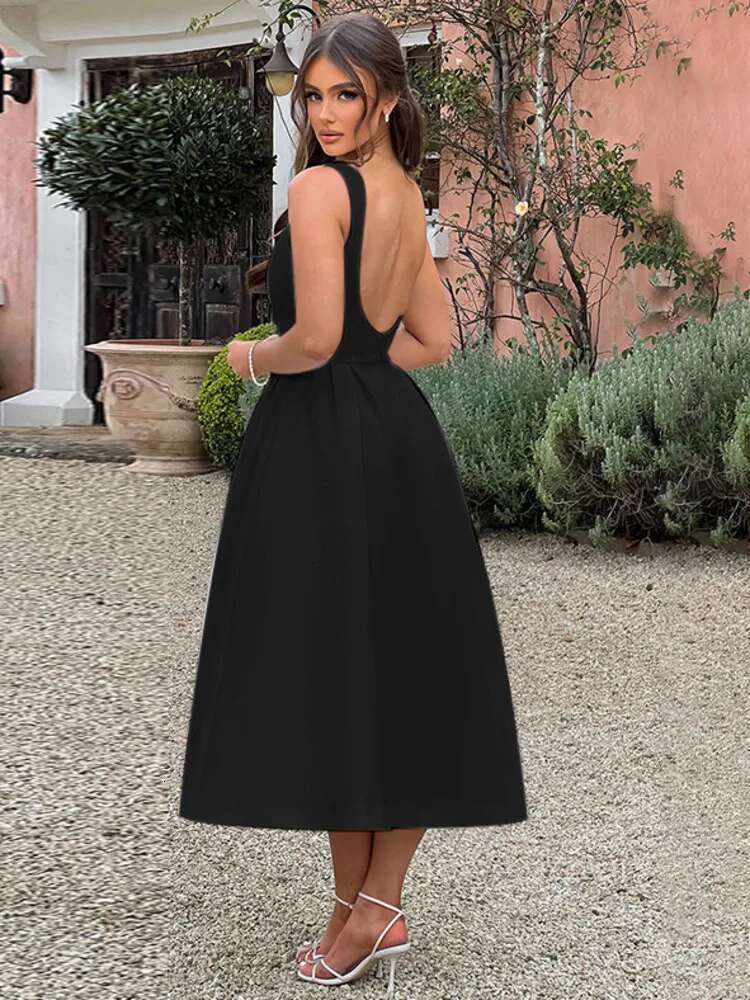 Dongdumaoyi Townlike Pleated Waist Wrap A Line Dress Women Elegant Midi Long Summer Backless Nightclub Sexy Party Dresses