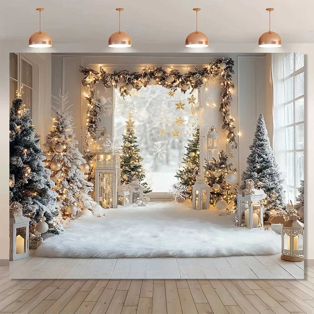 Snowy Christmas Window Tapestry Twinkling Lantern Arch Design Wall Art for Holiday Party and Festive Home DecorM251125