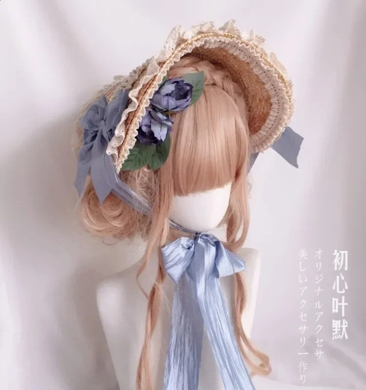 Lolita Girls Elegant Lace Flowers Straw Hat Multi Colored Bonnet Flat Hat 250420