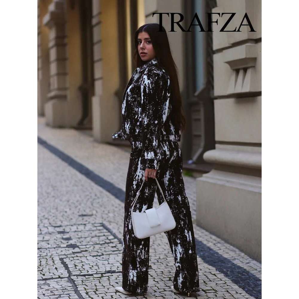 TRAFZA Vintage Pants Set Women's Fashion Versatile Animal Print Lapel Flocking Jacket+Belt High Waist Pocket Long Jeans Mujer