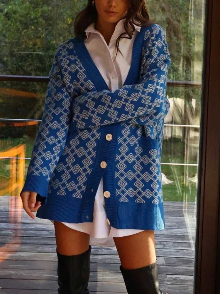 Womens Korean Fashion Oversize Knit Cardigan Jacquard Contrast Loose Mid-Length Cardigan Coat for Autumn/Winter 2025T251125