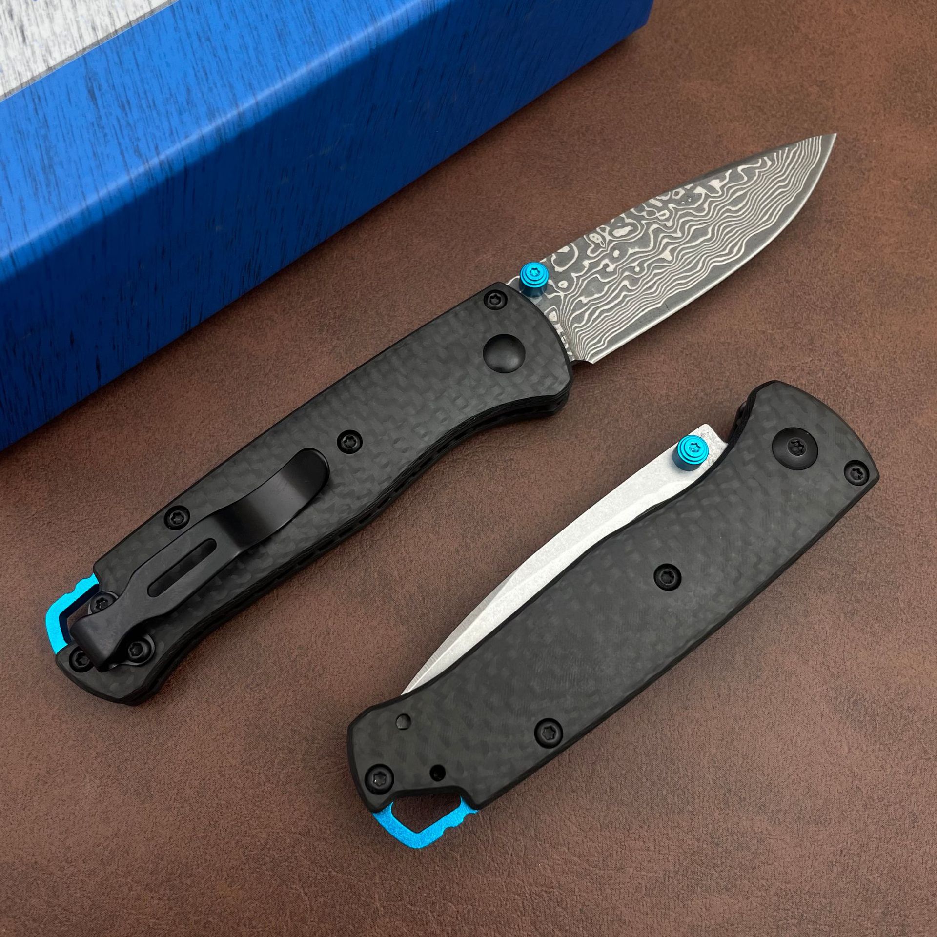 2Models Mini 533 Bugout AXIS Folding Knife 2.75 S90V/Damascus Plain Blade, Carbon Fiber Handles - 533-3