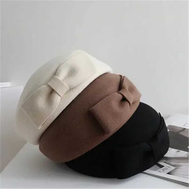 Womens Wool Beret Hat with Bow Winter Fascinator for Weddings Church J251125