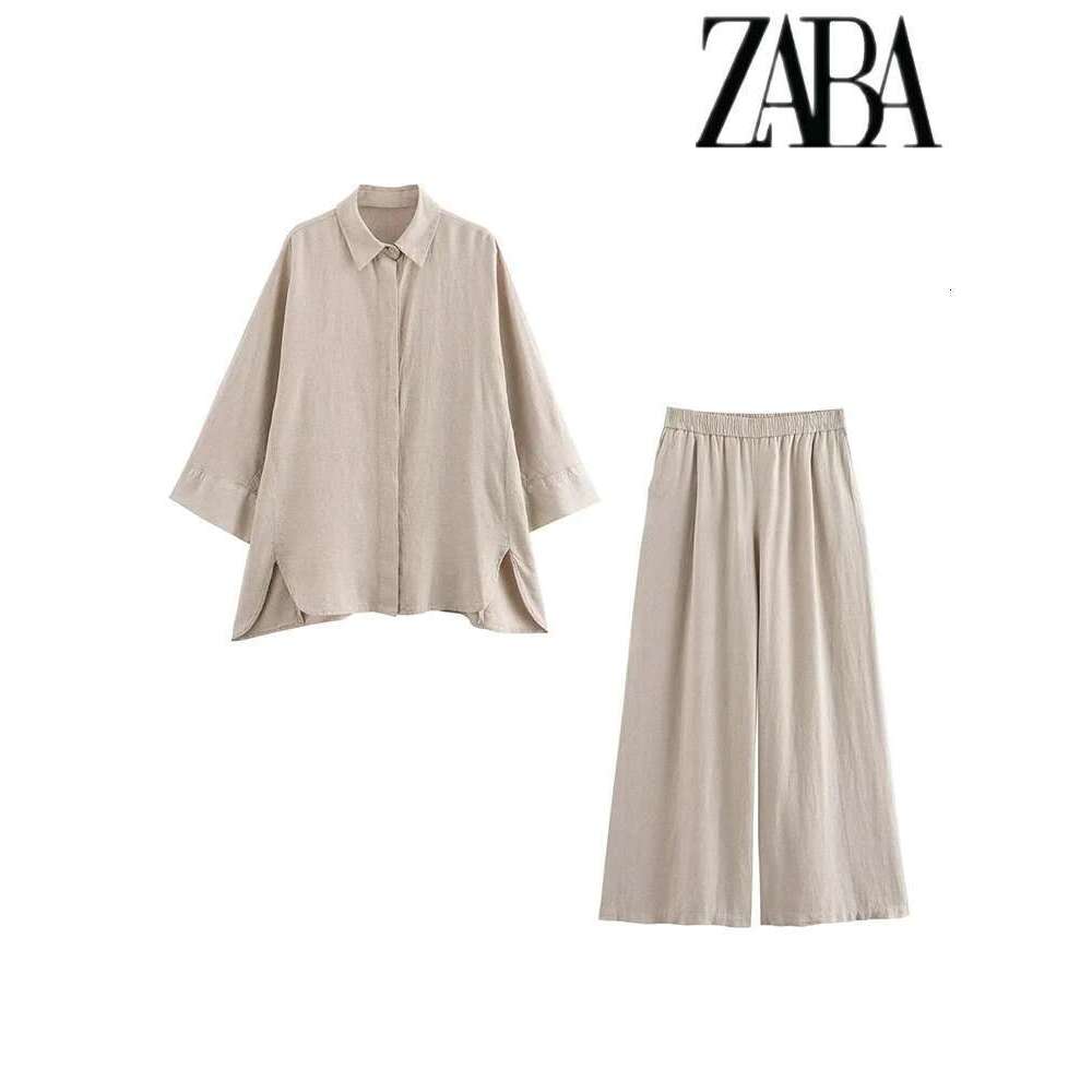 TRAF Women's Linen Blend Solid Color Loose Suit Flip Lapel Single Breasted Long Sleeve Shirt High Waisted Wide Leg Pants Set