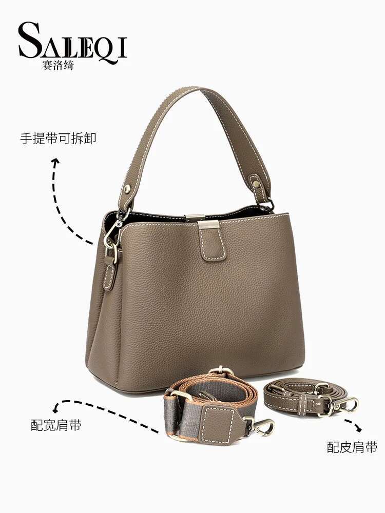 Cowhide Women Large Capacity Gray Bucket Bag Commuter Leather Ladie Designer Shoulder Crossbody Green Handbag Female