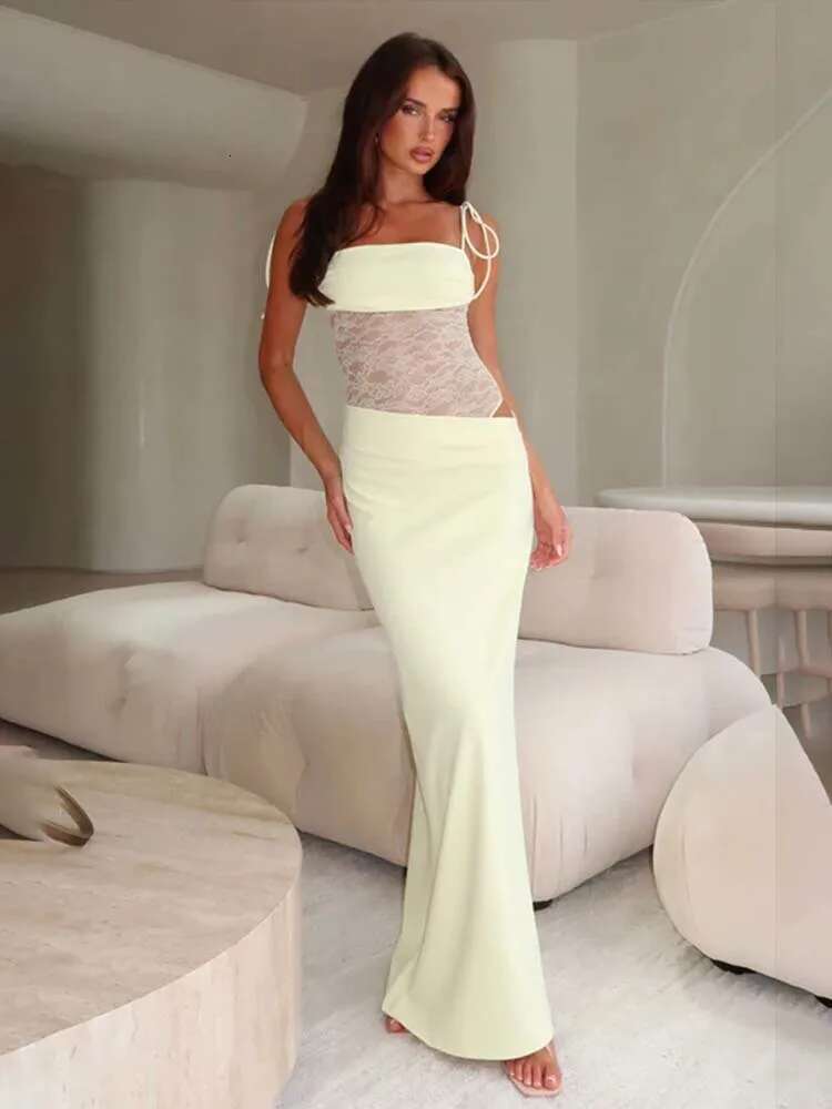 Dongdumaoyi Townlike Lace Patchwork Maxi Long Slim Bodycon Dress Women Spaghetti Strap Spring Summer Nightclub Sexy Party Dresses