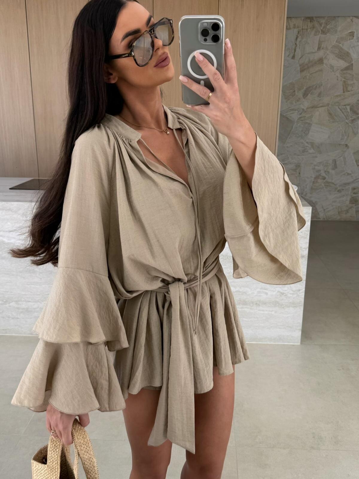 2025 new autumn solid color V-neck irregular lace up long sleeved loose dress for women