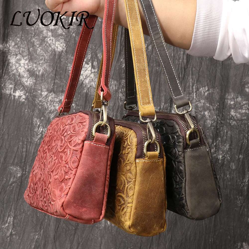 LUOKIR New Women's Genuine Leather Emed Shoulder Wind Horse Cowhide Mobile Phone Bag, Vintage Style Crossbody Bag