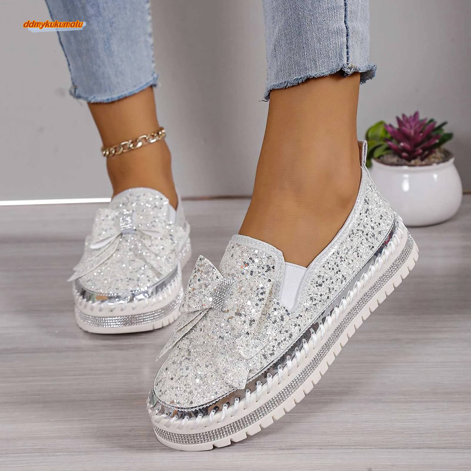 Sneakers Women'S Fashion Sequin Bow Slip On Casual Comfortable Shoes ddmykukumalu