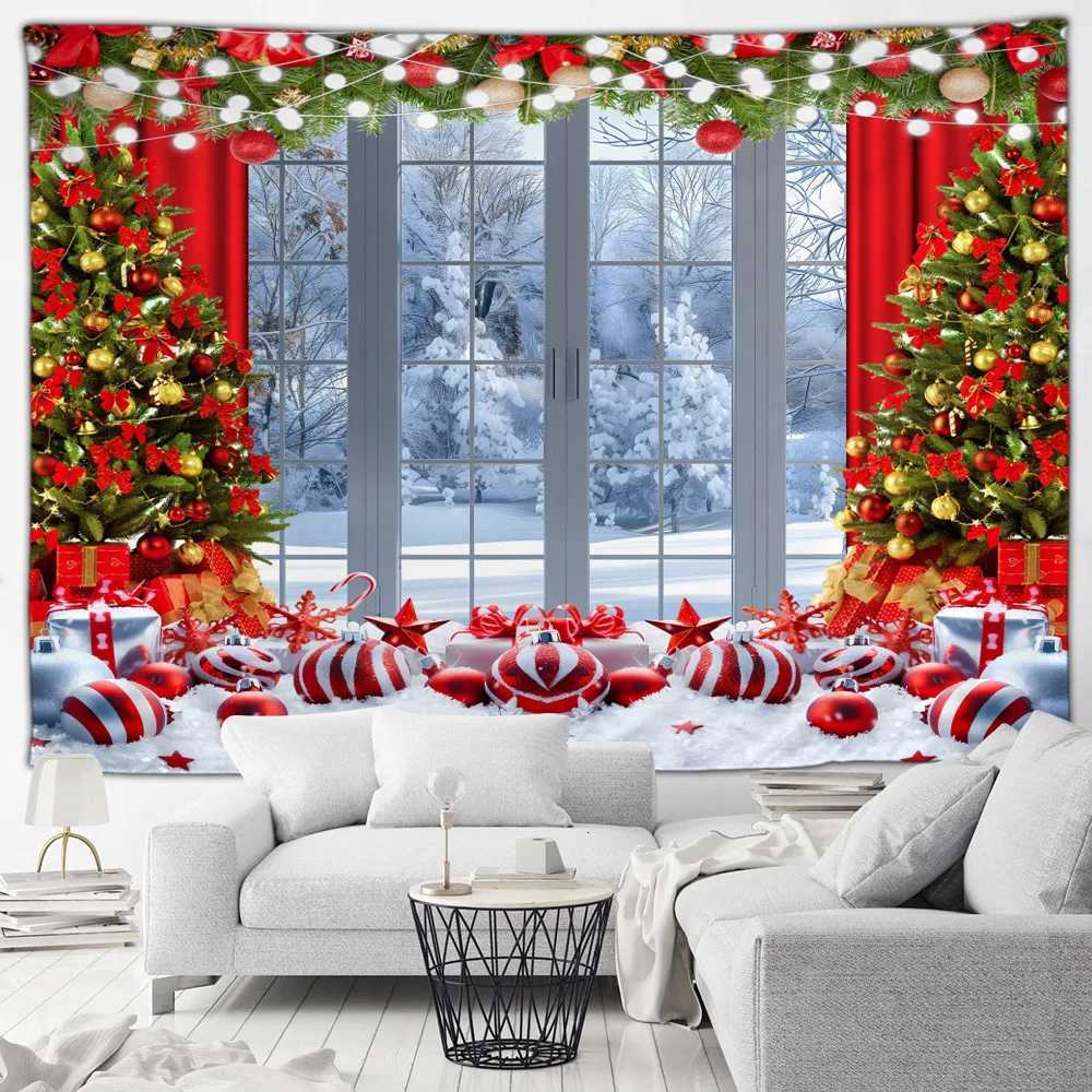 Christmas Tapestry Xmas Tree Gifts Outside Window Winter Forest Cedar Snowflake Landscape Home Living Room Decor Wall HangingM251125