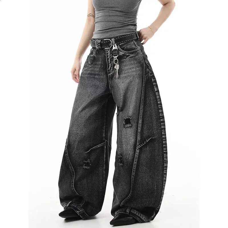 Y2K black graffiti wearing womens jeans high waisted retro straight pocket denim pants American wide leg Trouser 250420