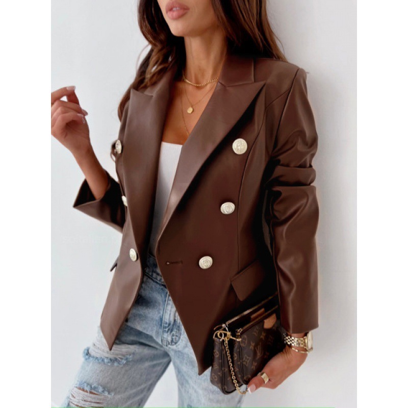 Autumn and winter new style long sleeve double breasted fashionable PU leather suit jacket