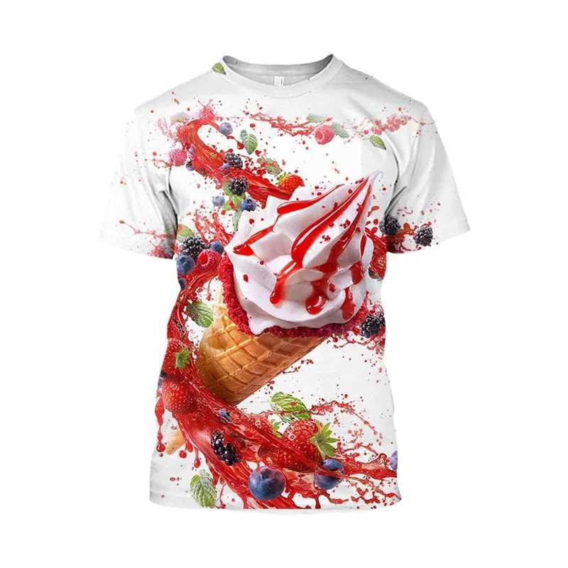 Ice cream 3D printed T-shirt mens strawberry chocolate graphic T-shirt unisex funny food casual short sleeved top cartoon T-shirt W250425