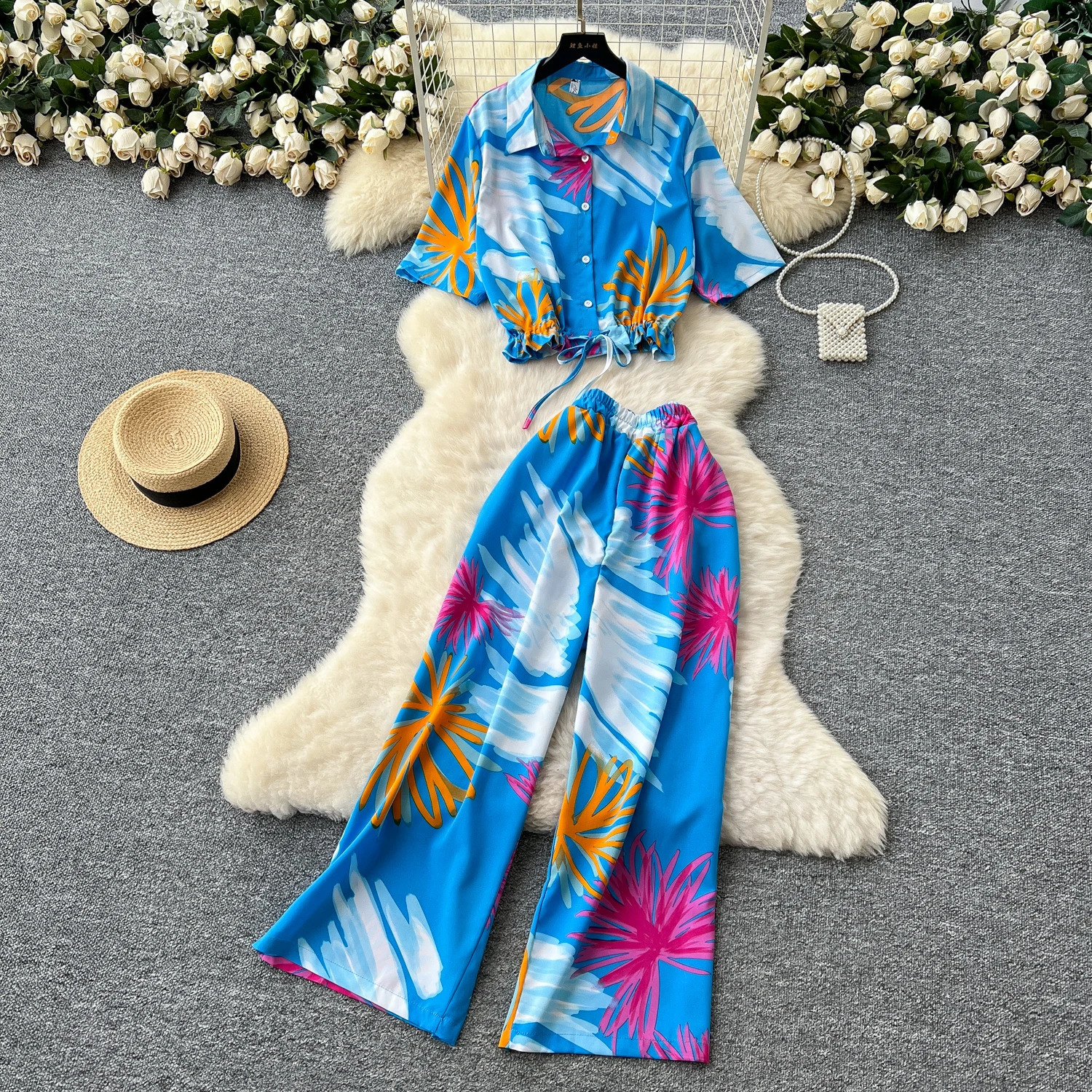 Summer Fashion Printed Set Womens Loose Short Sleeve Top Elastic Waist Wide Leg Cutting Pants Womens Elegant Two Piece Set 250414Z