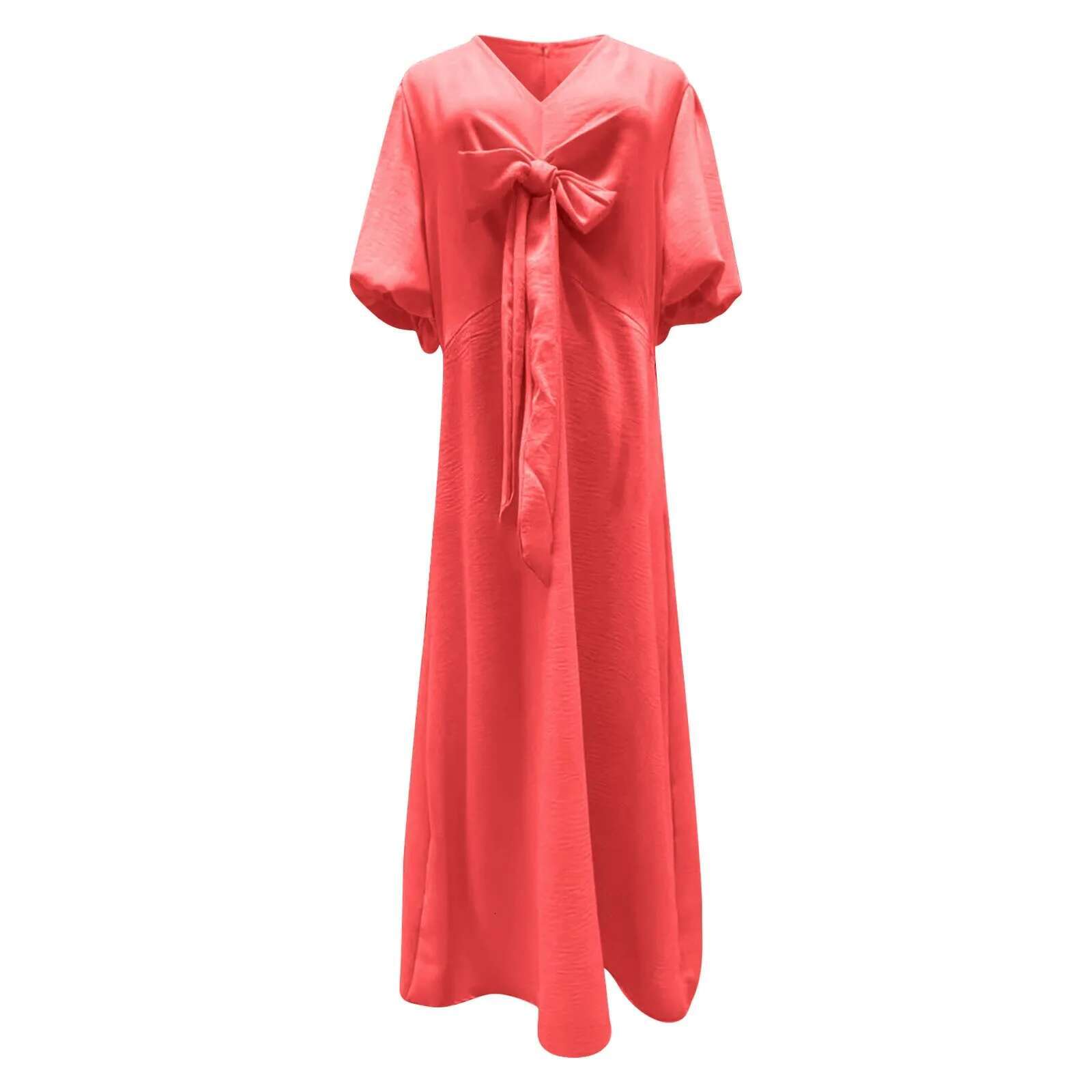 Dongdumaoyi V Neck Red Women Dress Spring Summer Elegant Casual Office Female Solid Lace Up Short Sleeve Dresses Robe Femme New