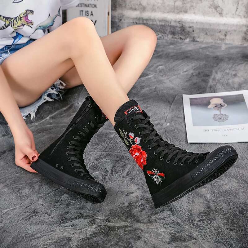 Autumn medium embroidery lace-up side zipper flat boots casual canvas inner heightening plush large size women's shoes