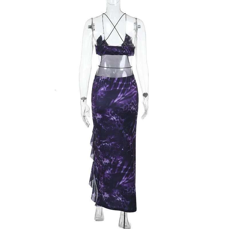 Dongdumaoyi Townlike Ruffles Print Midi Long Dress Women Spaghetti Strap Spring Summer Backless Nightclub Sexy Party Dresses