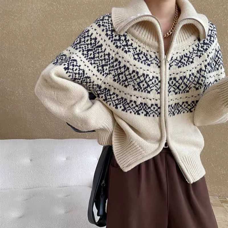 New Fashion Retro Womens Cardigan Knitted Sweater Long Sleeve Lapel Casual Womens Zipper Top JacketT251125