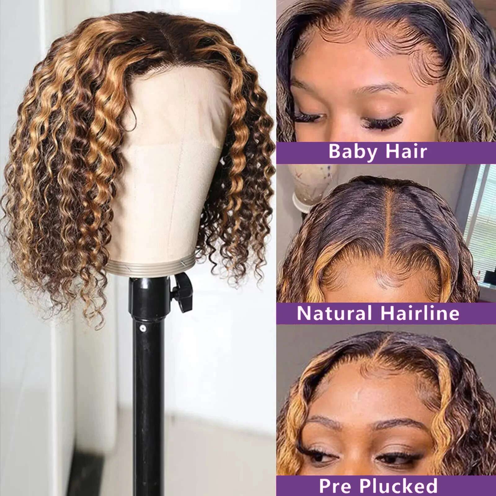 Highlight Short Wave 13X4 Lace Wigs Brazilian Human Hair Deep Curly Full Frontal Bob Wig Ombre Color