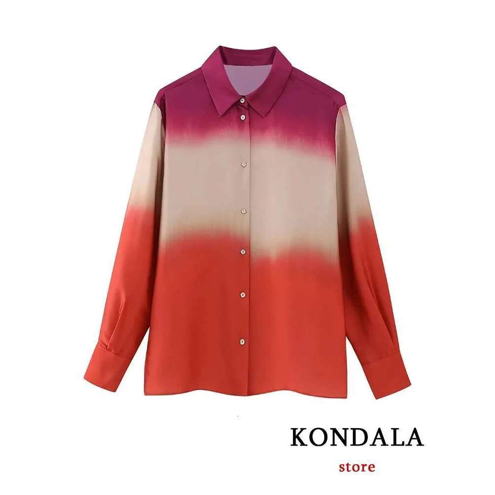 TRAFZA Vintage Red Tie Dye Suits Women Long Sleeve Loose Shirts+High Waist Wide Leg Pants Fashion 2024 Summer Holiday Sets