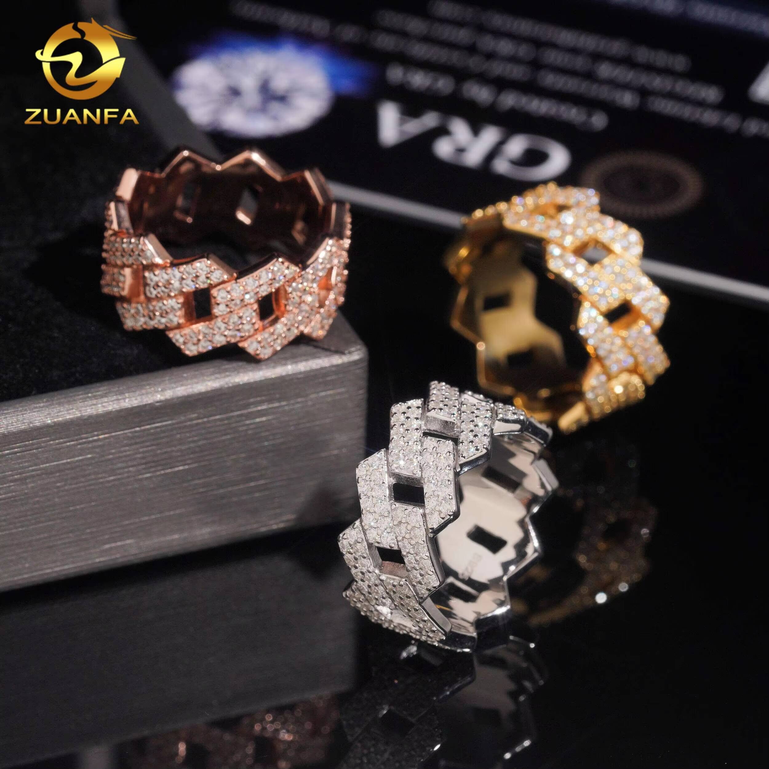 Hot Sale Two Row Hip Hop Rapper VVS Mokssanite Ring 925 Silver Fine Jewelry Full Diamond Iced Out Jewelry Cuban Ring for Men