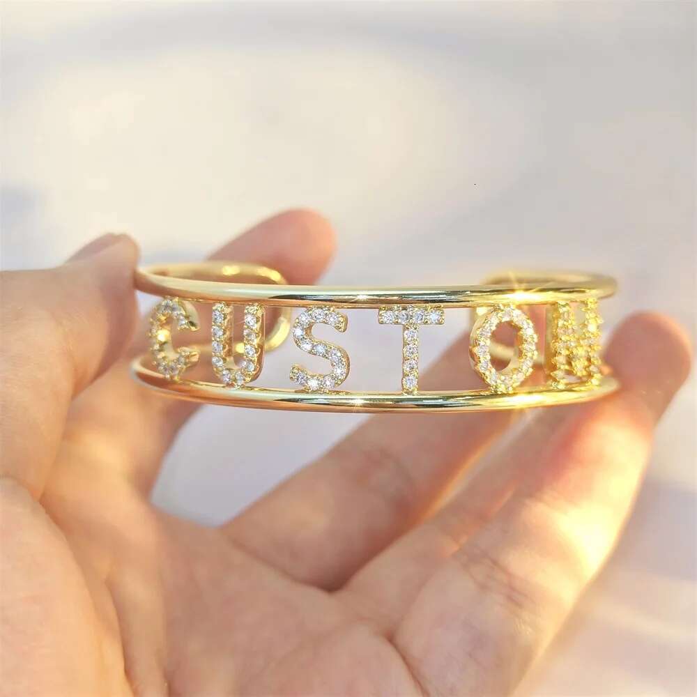 Doremi 9mm Letter Colorful Zircon Cuff Custom Initial Name Hallow Bangle Personalized Adjustable Women Gifts Jewelry