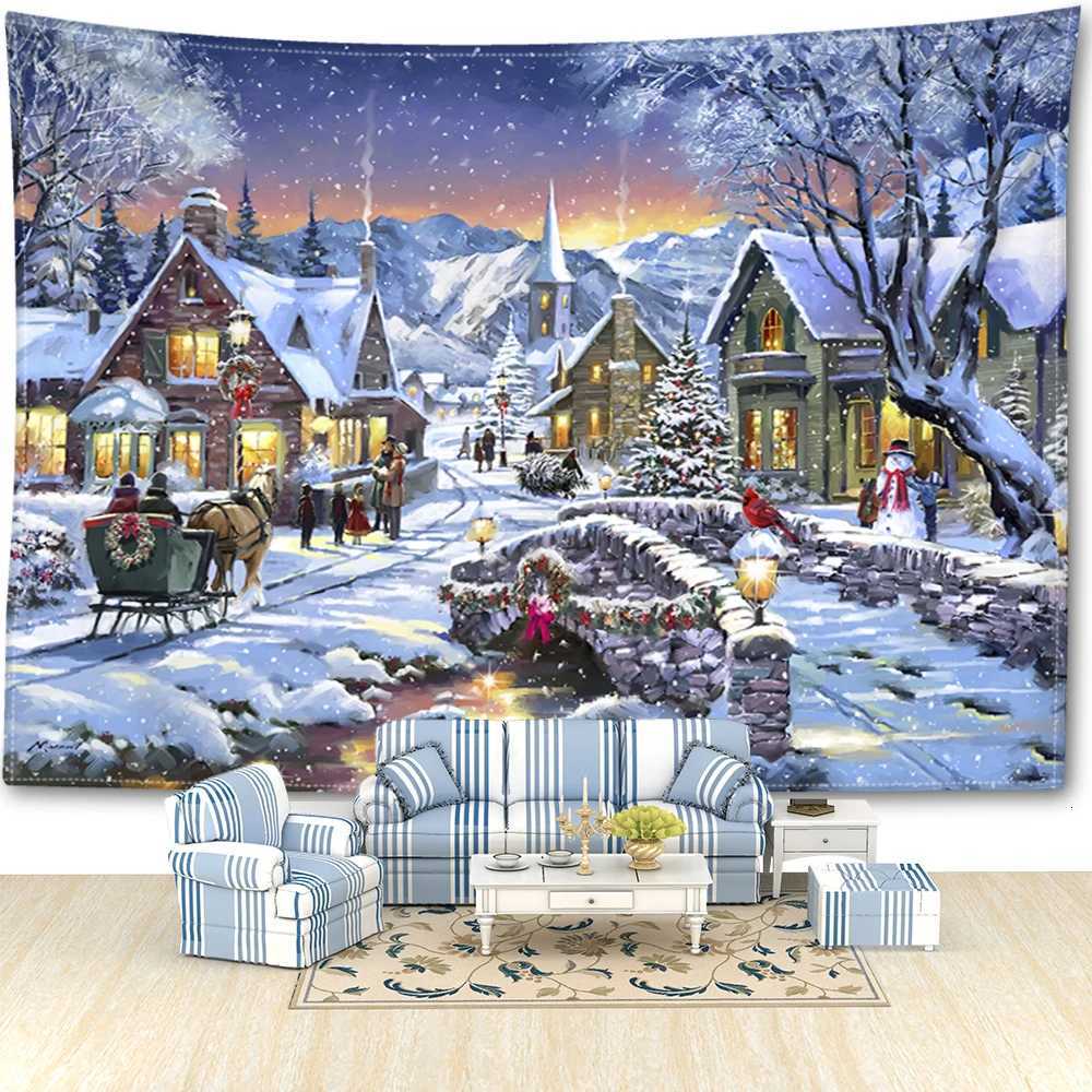 Christmas Snow View Carriage Tapestry Wall Hanging Bohemian Festival Gifts Art Landscape Bedroom Living Room Home DecorM251125