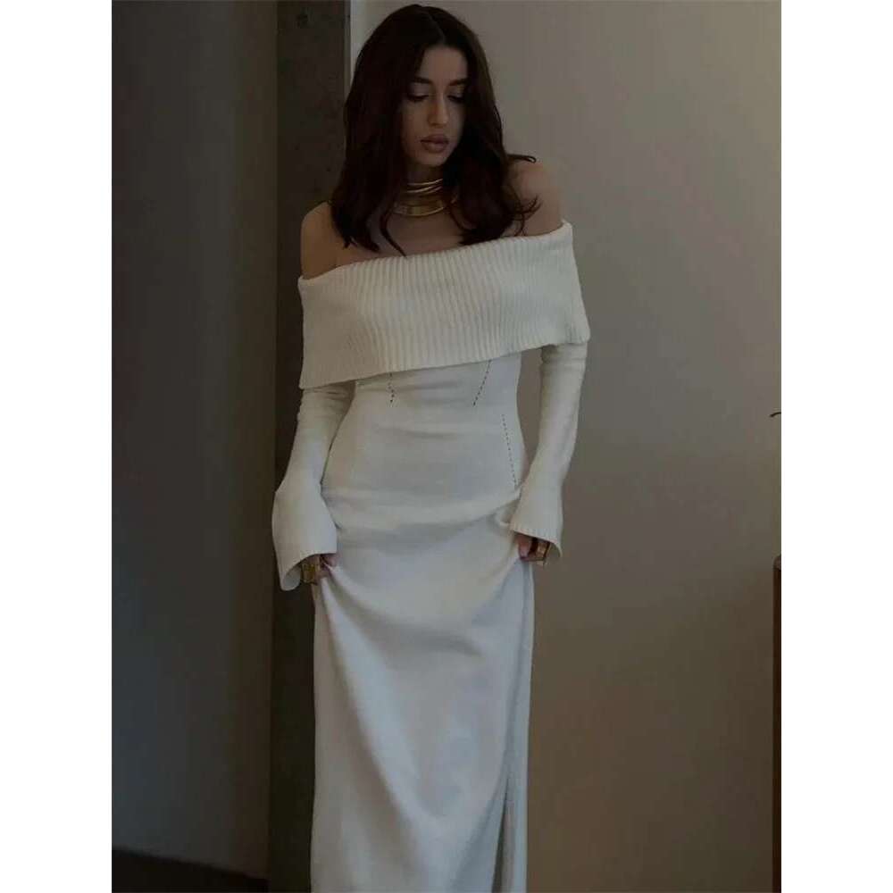 White Autumn Knit Sweater Long Women Ribbed High Waist Fashion Off-Shoulder Loose Party Female Knitwear Dress