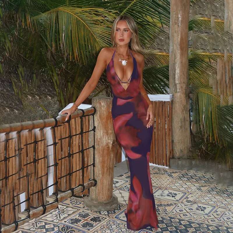 Dongdumaoyi Townlike Maxi Long Print Slim Bodycon Dress Women Halter Spring Summer Backless Nightclub Sexy Party Dresses
