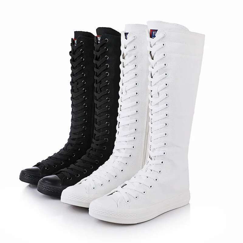 Spring and autumn new high-top inner heightening casual lace-up knee-length boots soft sole flat large size canvas women's shoes
