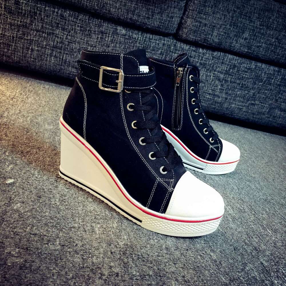 Spring and autumn new 8cm heightened thick wedge high-top canvas shoes muffin sole high-heel casual large-size women's shoe