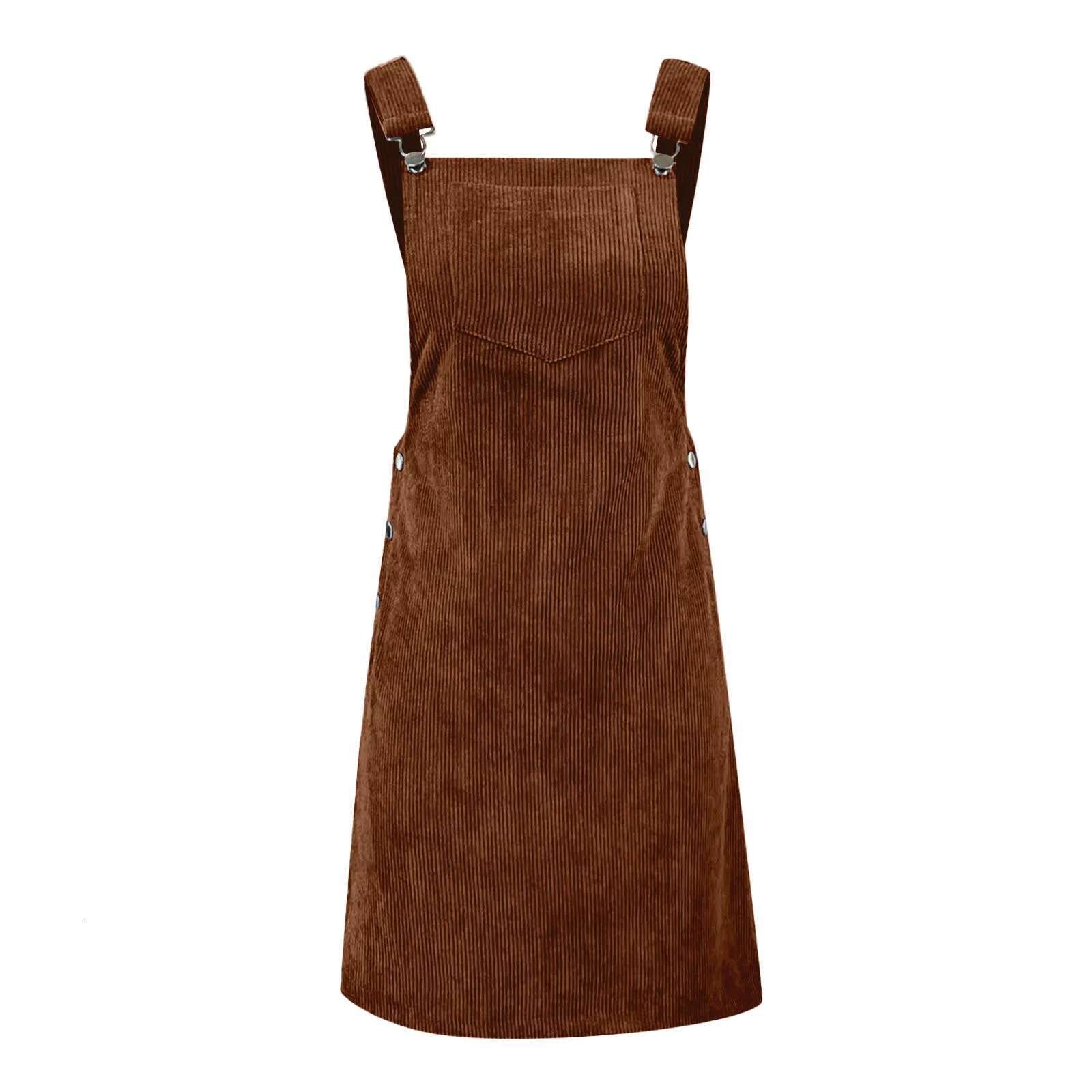 Dongdumaoyi Women S Fashion Corduroy Suspenders Dress Summer Loose Sleeveless Casual Button Pocket Design Solid Color Daily Mini