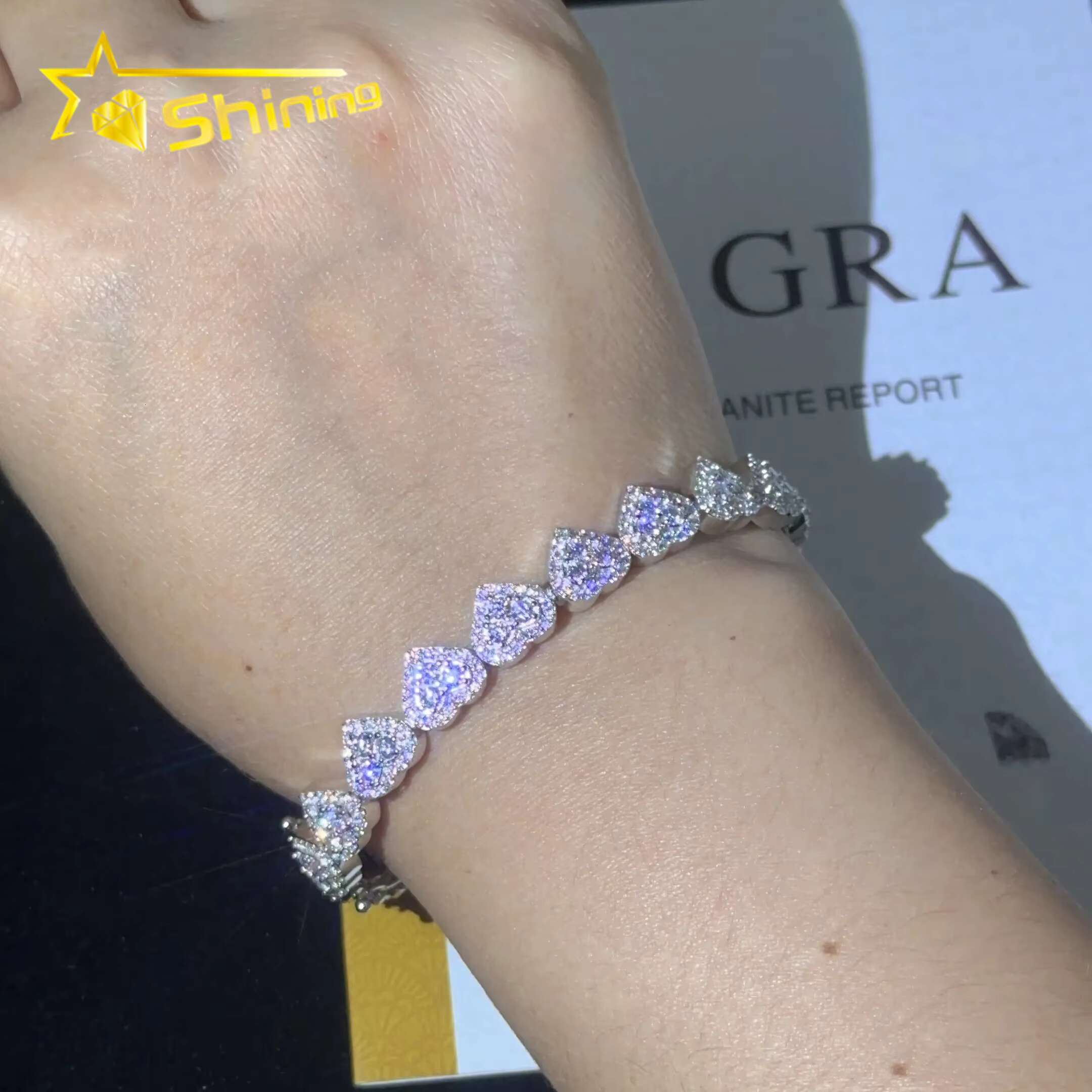 Wholesale Price Sterling Silver 925 Iced Out Vvs Moissanite Fine Hip Hop Jewelry Heart Cuban Link Chain Bracelet for Women