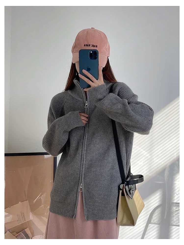 High-neck Sweaters for Women Autumn Winter Double-zipper Loose Oversized Knitted Jacket Female Solid Color Womens CardiganT251125