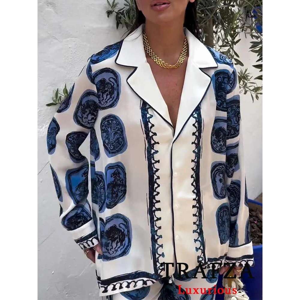 Designer Clothes TRAFZA Vintage Casual Print Suit Single Breasted V Neck Shirts+Loose Wide Leg Long Pants Fashion Autumn Women Sets
