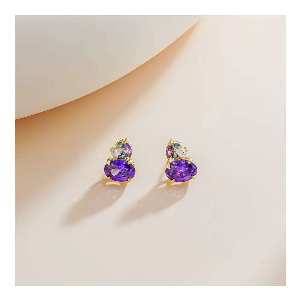 Exquisite handmade pure sier with gold plated oval purple crystal zircon earrings for women