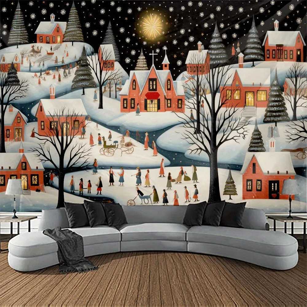 1pc Christmas Town Print 90g Festival Tapestry Multi Size Living Room Bedroom Wall Decoration Background Cloth Machine WashableM251125
