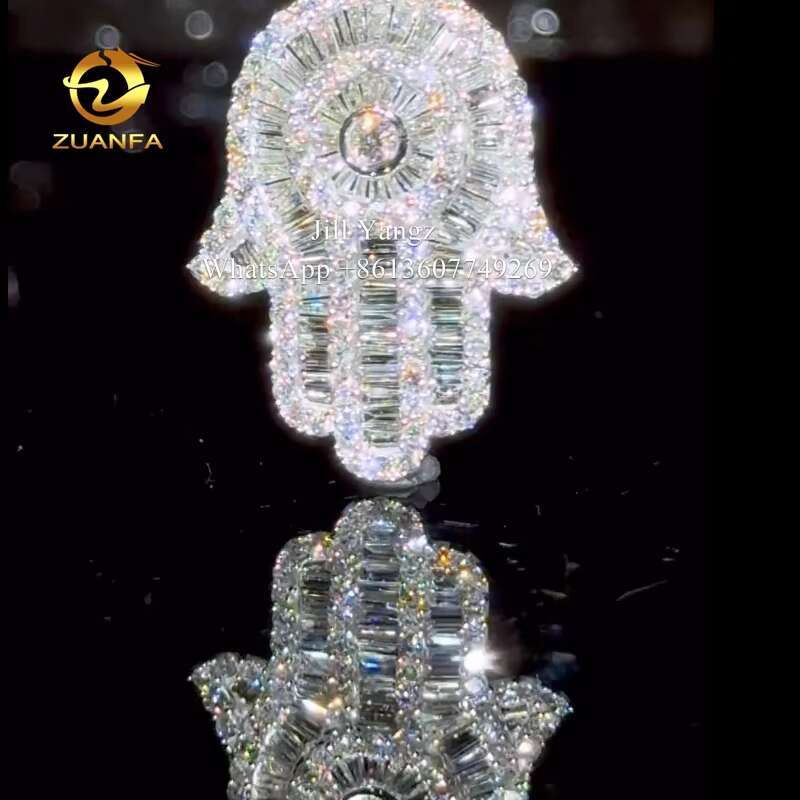 Lucky Charm Custom Baguette Diamond Moissanite Hamsa Hand Pendants Fatima Hand Iced Out Jewelry Gift for Girlfriend
