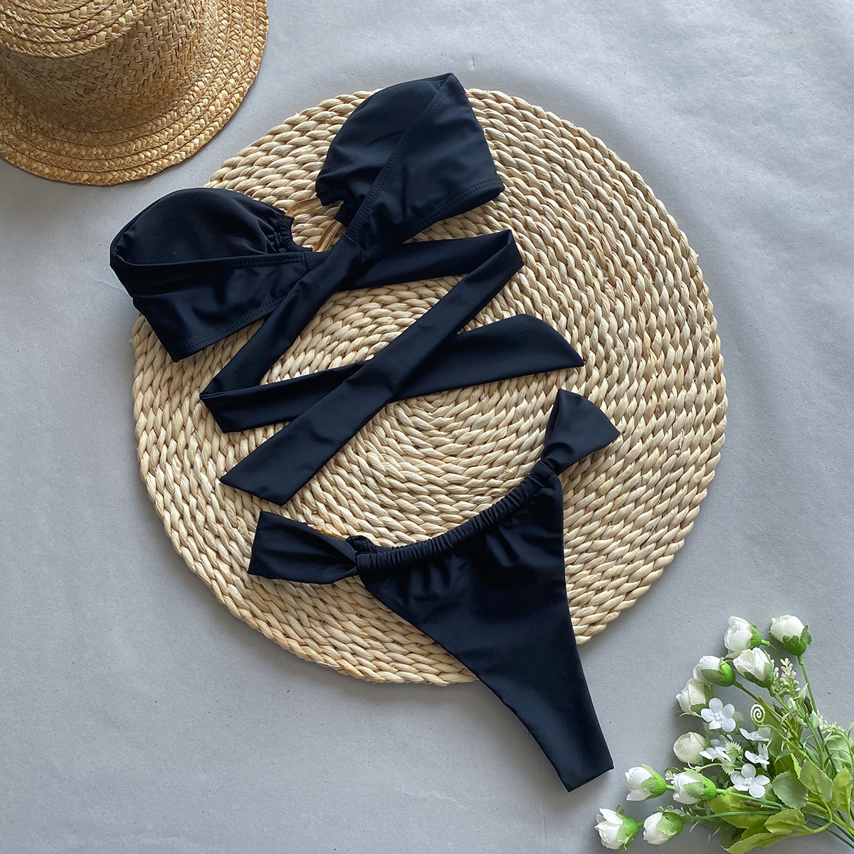 2025 Designer Low Waist Sexy Bikini High Fashion Solid Color Split Swimsuit Luxury Nylon Metal Cross Strap Beach Wear Party Swimsuit Bra