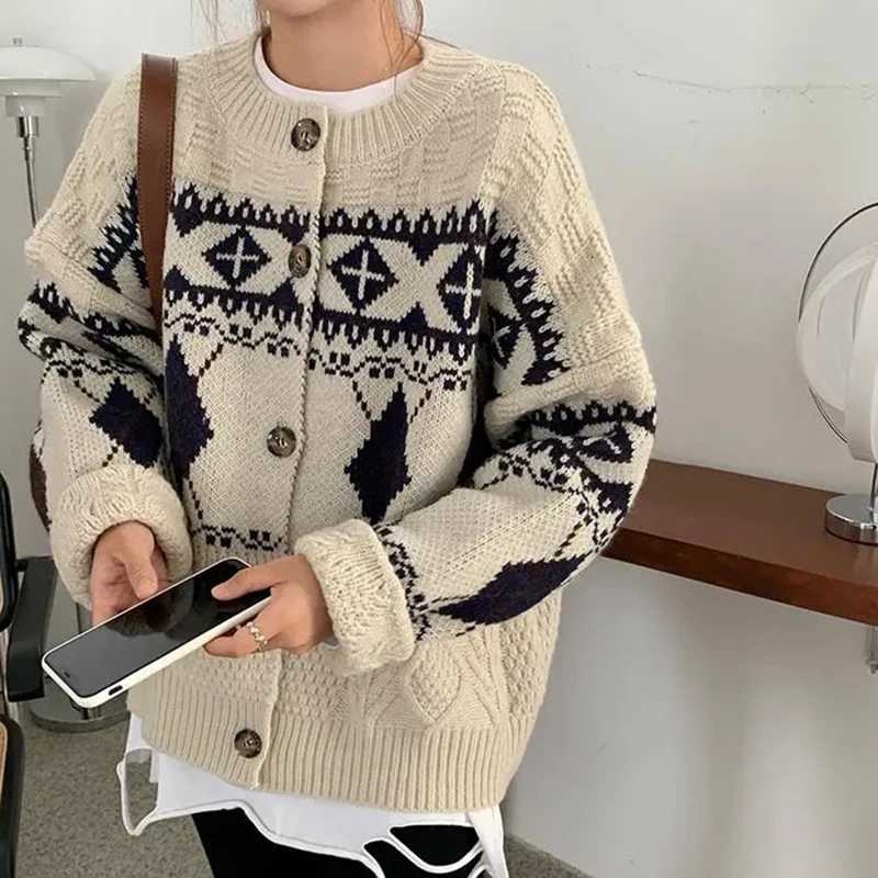 Zoki Korean Patchwork Cardigan Sweaters Women Lazy Wind Vintage Argyle Long Sleeve Knitted Coat Casual O Neck Female Print TopsT251125