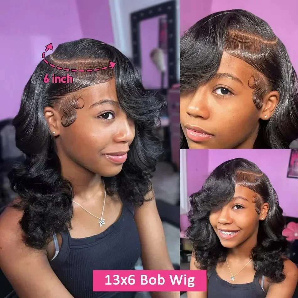 Body Short 250 Density 13X4 Front Human Hair 12 14 16 Inch Black Bob 13X6 Lace Frontal Wig HD Brazilian Water Wave