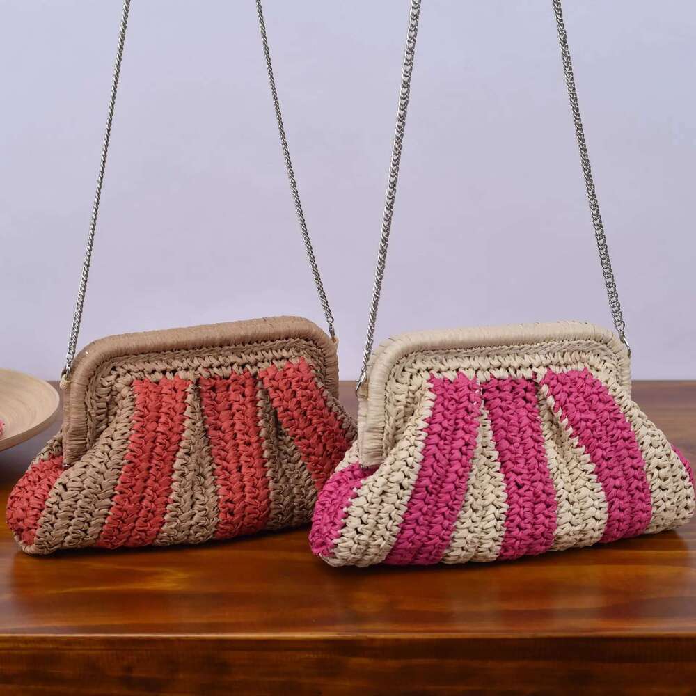 Designer Bag 2025 Fashion Striped Straw Clutch Casaul Shell Paper Woven Women Shoulder Crossbody Bags Handmade Summer Beach Bag 2024Bali Purse Luxury 
